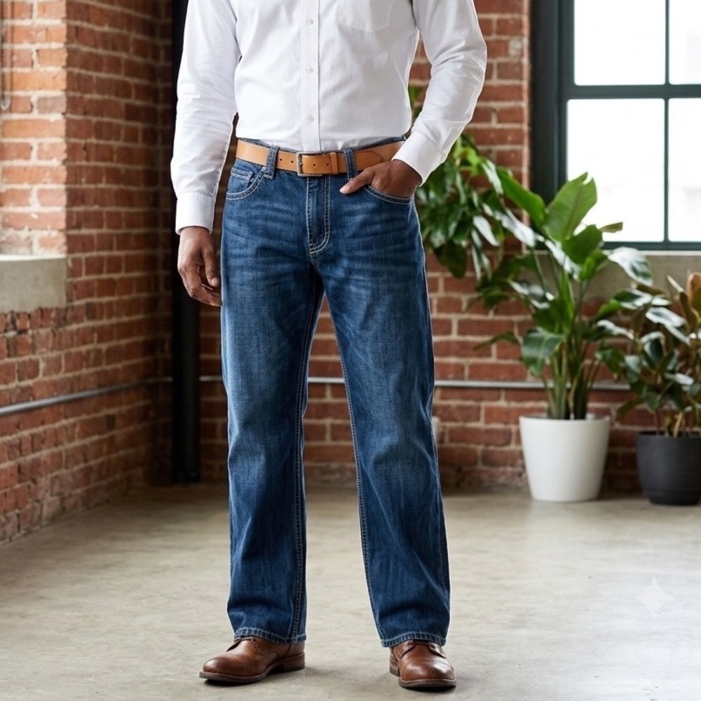 Flypaper Mens Relaxed Straight Leg Jeans 36x30 Embroidered Back Pocket Denim
